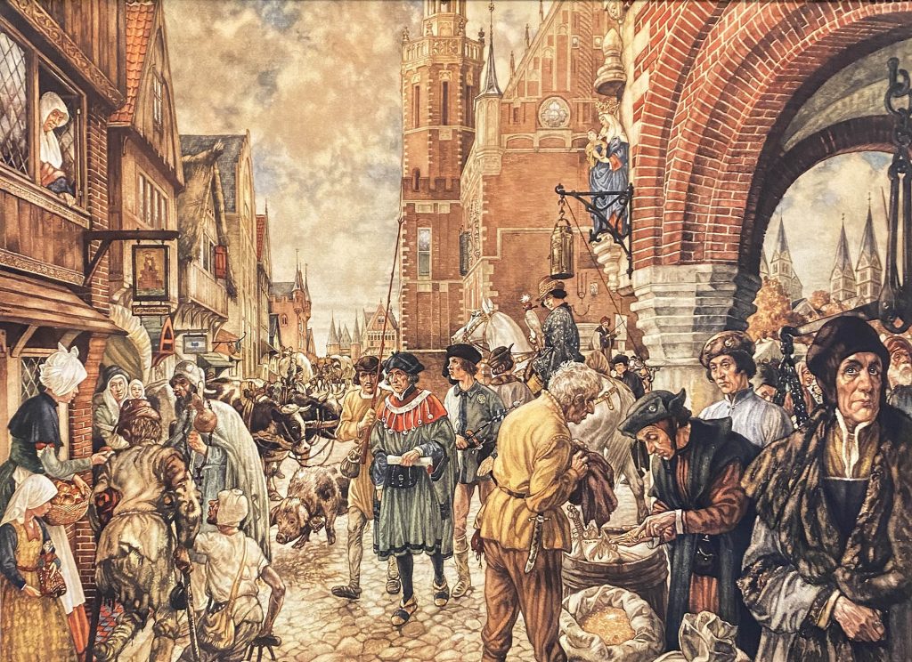 Wandbild eines Markplatzes einer Mittelalterlichen Stadt